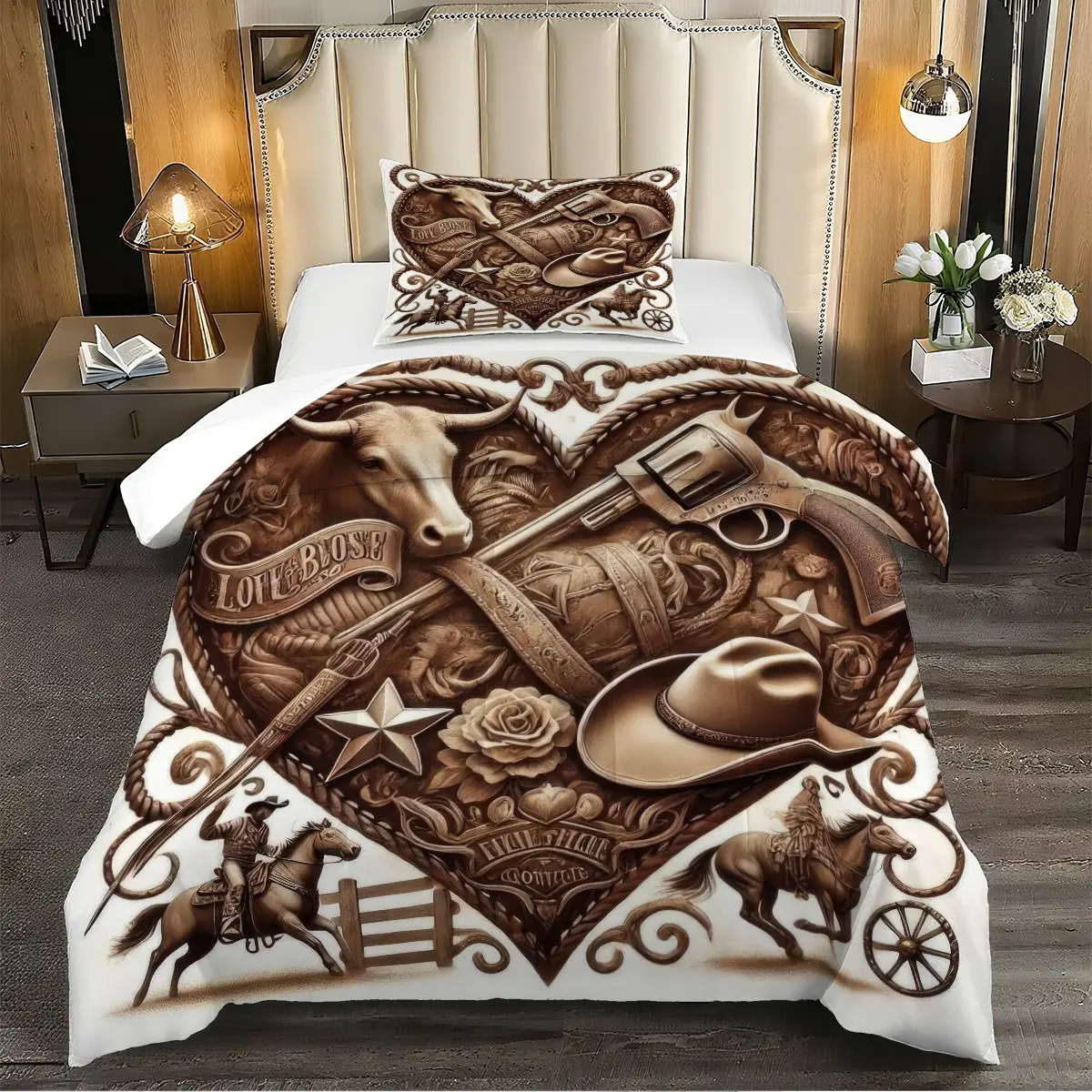 2/3pcs Western Cowboy Heart Printing Quilt Set, Vintage Rustic Style Bedding Sets, 3d Digital Printed Quilted Quilt Matching 1 Or 2 Pillowcase No Pillow Core, Soft Breathable  For Bedroom Decor, Unique Farmhouse Style Gift For Men And Women