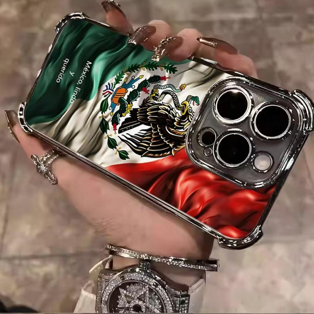 Mexico Heritage Eagle Phone Case for iPhone 17 16 15 14 Plus 13 12 11 Pro Max, Chrome Plated Frame Anti-Drop Shockproof Protective Case