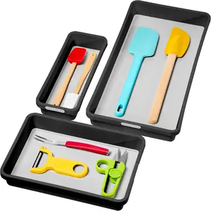 3 Bin Drawer Organizer Set, Multi Purpose Storage for Utensils, Office & Bathroom, Organizer for Cutlery, Peeling Tools, Spatulas, Soft Grip Lining & Non Slip Feet, Granite