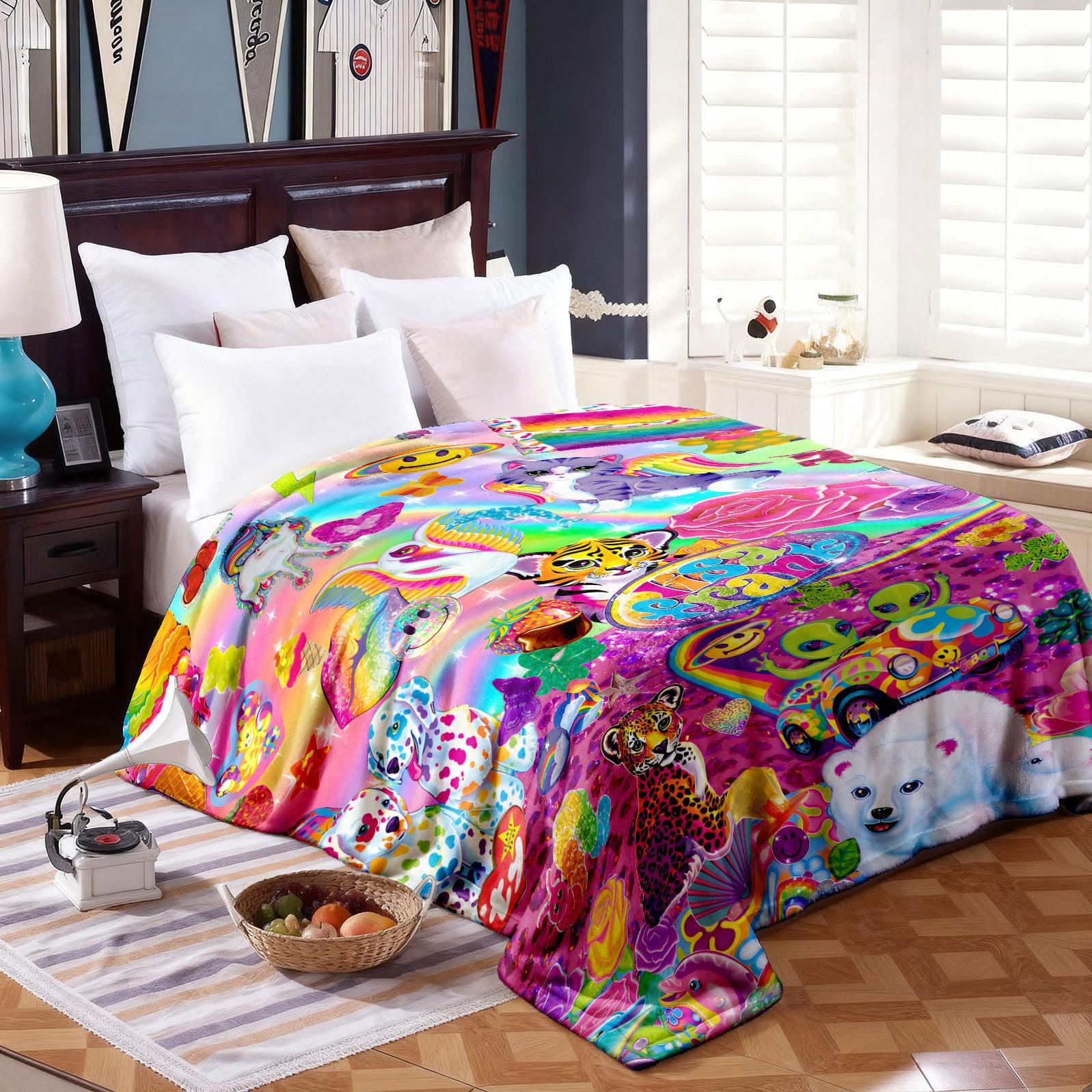 Lisa Frank Collage Themed Blanket, Vibrant & Playful Style, Features Colorful Characters, Soft and Warm, Perfect for Home Relaxation, Flannel Blankets