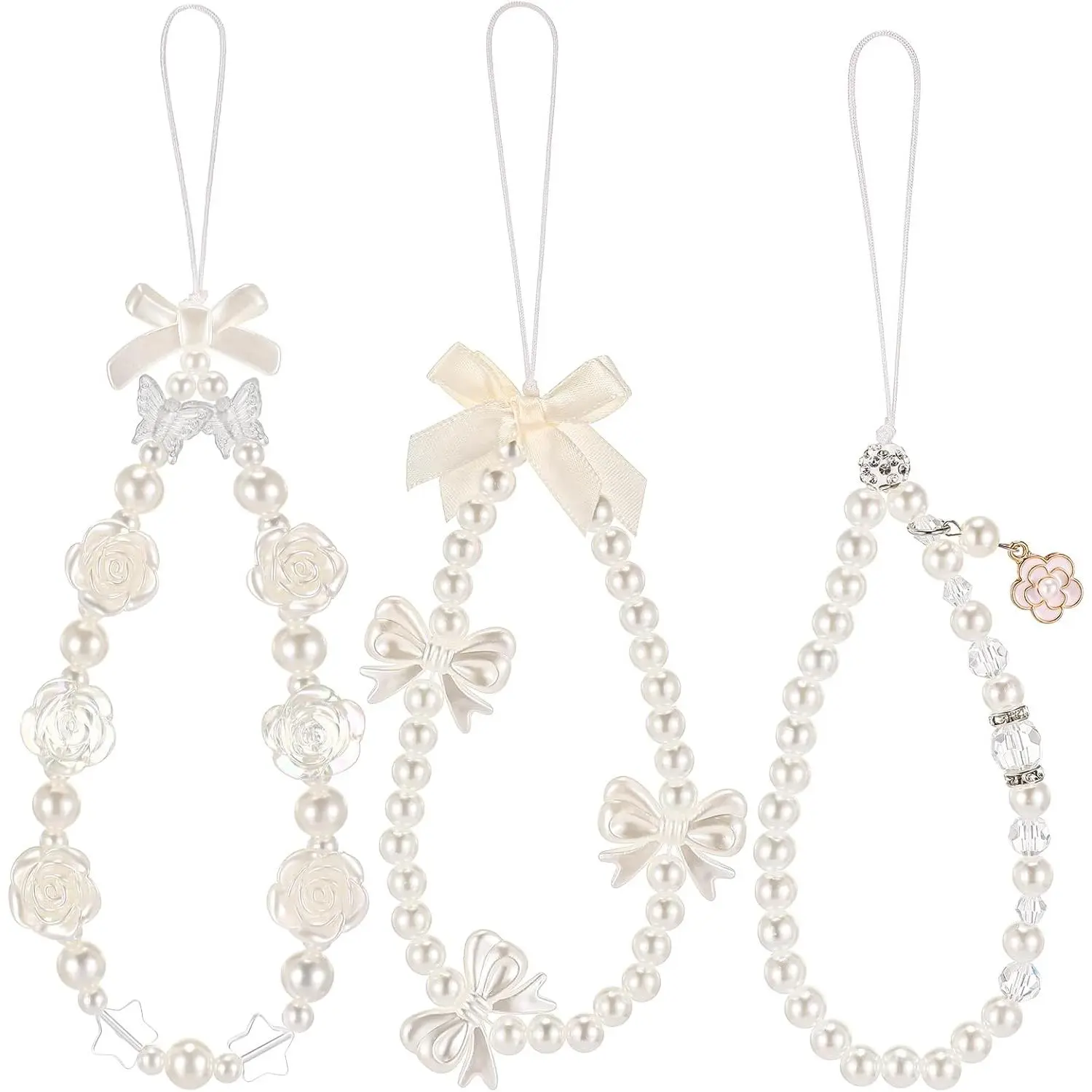 3 count Phone Charms Strap Camera Charm Strap  Beaded Butterfly Bow Flower Cute Phone Wrist Lanyard Bracelet for Camera  Wallet Decor  to School Gifts