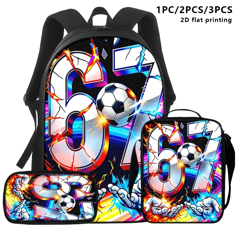 1pc/2pcs/3pcs Soccer-Themed: Backpack, Lunch Bag, And Pouch Featuring Cool '67' Numbers And Soccer Graphics with Flame And Lightning Accents. Designed for Stylish And Sports Enthusiasts, Suitable for Daily Commutes