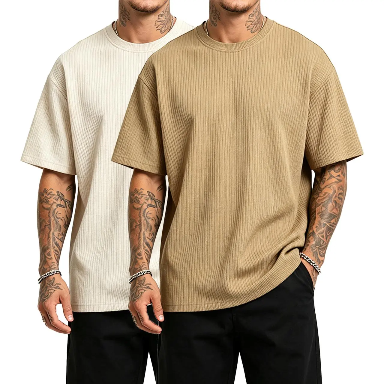 Men's Solid Beige Crew Neck T-Shirt, Draped Short Sleeve Top with Relaxed Fit for Casual Wear, Sizes S/M/L, 1-Pack, 2Pcs Beige, Clean, Minimal Look, All Seasons, Easy Pairing With Bottoms, Loose-Fitting, Minimalist