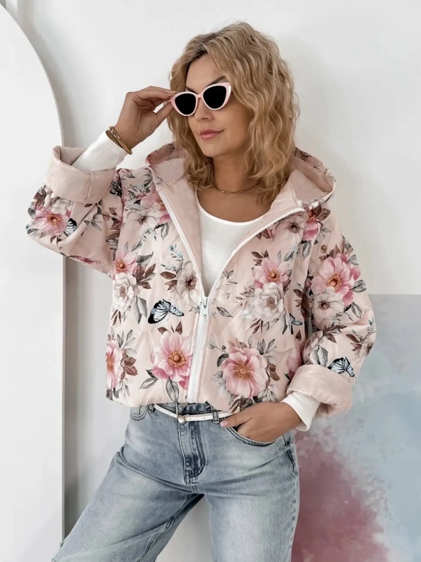 Women's Casual Floral Print Hooded Lightweight Cotton Jacket, Spring Fall Zipper Drawstring Pilot Coat, Pocket Design, Daily Wear