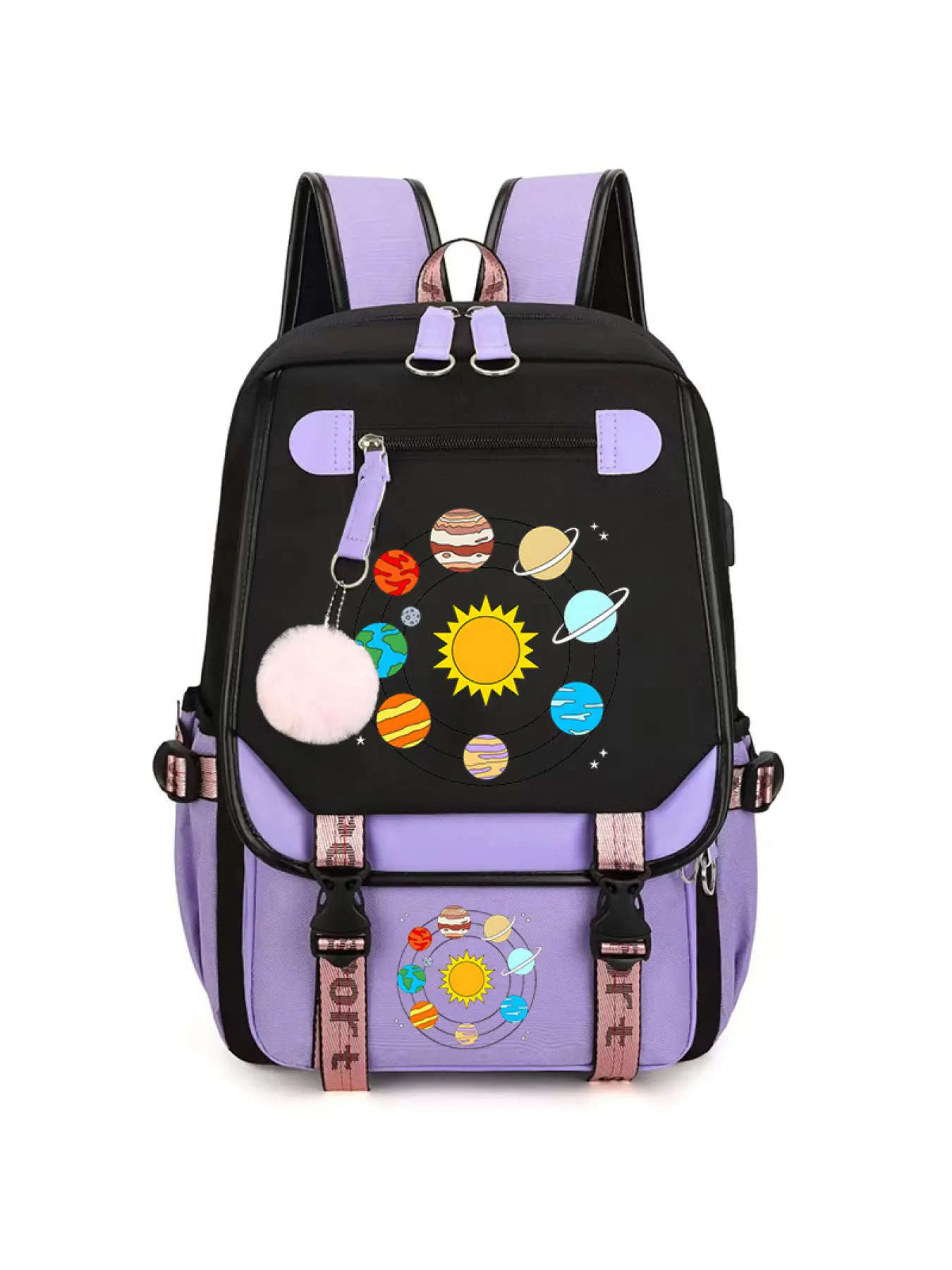 2026 Back To School Purple Outer Space Planet Laptop Backpack, Casual Backpack, Color Solar System Print USB Charging Daypack With Fluffy Pom Pom Keychain For Teen Girls