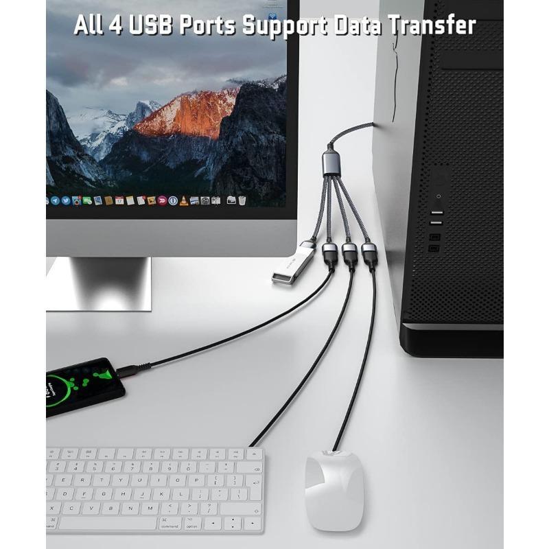 1 in 4 Out USB Splitter, USB A Male To Four Female Extension Cord Adapter, 4 Port Multi Multiport Extender HUB, Double Dual Data Power Charger Splitter