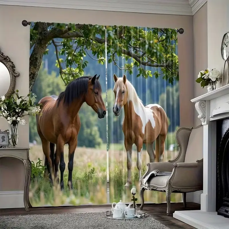 2 pieces of rural horse printed semi-transparent curtains, pole bag curtains, suitable for living room, bedroom and home decoration. Hand washable, hookless.