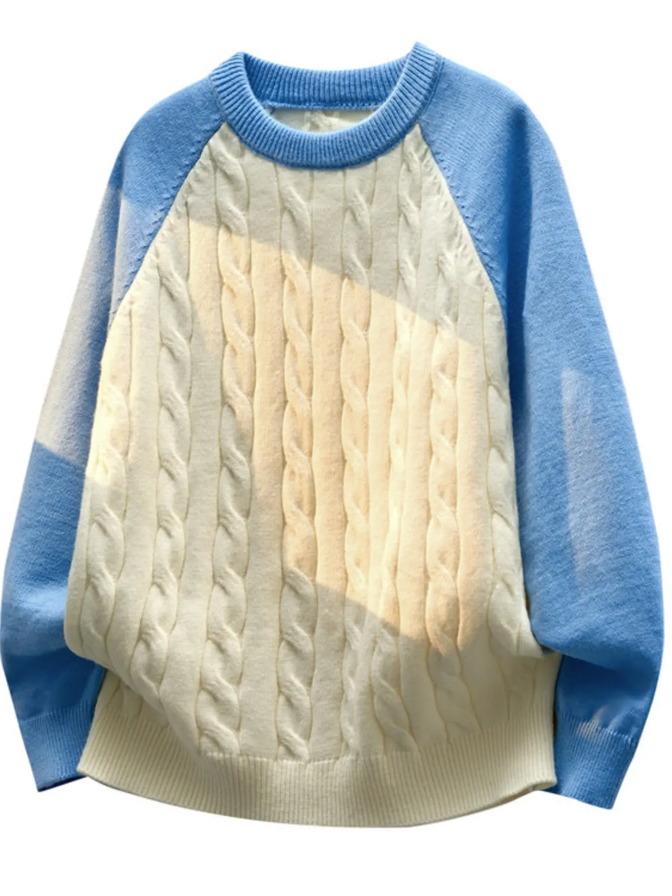 Vintage Patchwork Color Block Cable Knit Sweater Pullover for Men, Raglan Spliced Contrast Sleeve Design, Cozy Relaxed Fit Knitwear, Fashion Statement Piece for Streetwear, Weekend Hangout & Cold‑Season Matching