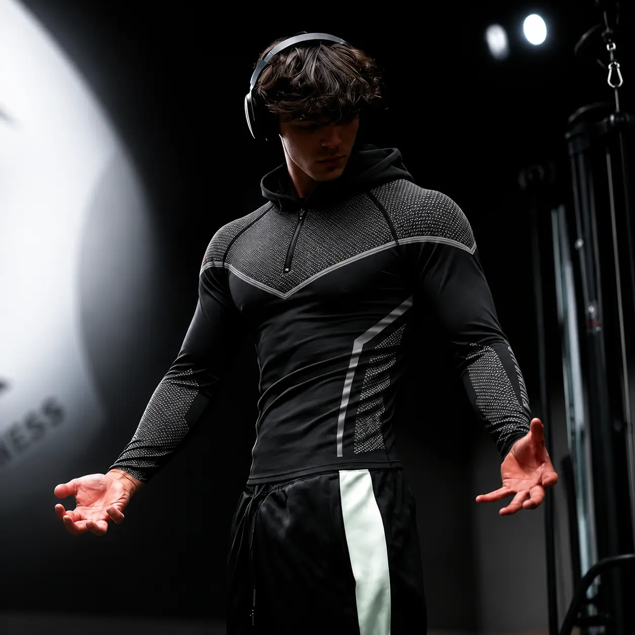 Men's Slim-Fitting Half-Zip Hooded Compression Long Sleeve Top, High Elastic Moisture-Wicking Mesh Panels, All-Over Print, Sporty Look, Ideal for Strength Training, Running