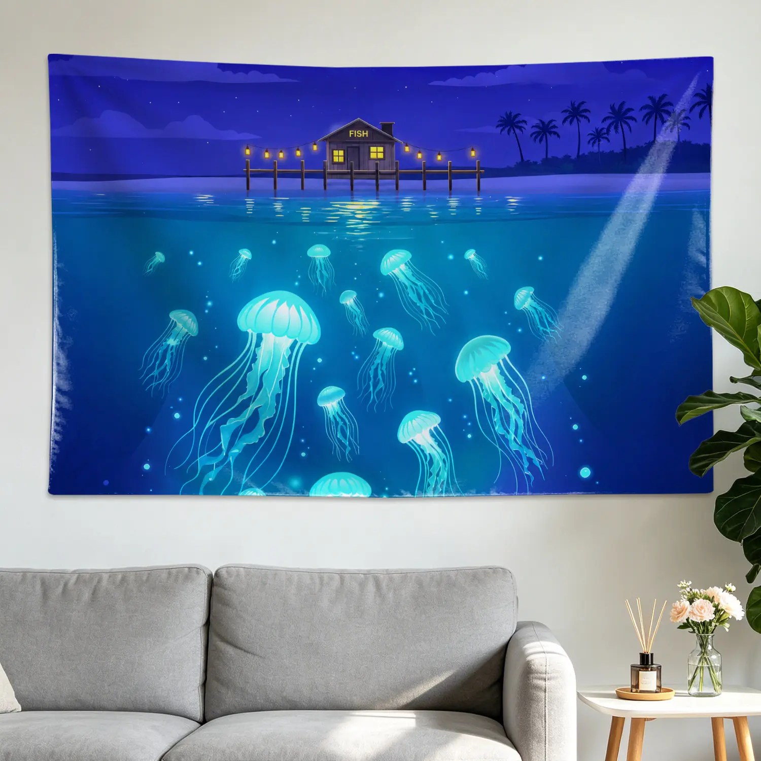 Glowing Jellyfish Ocean Nightscape Wall Tapestry - Large Printed Horizontal Polyester Colorfast Wall Hanging, Home Decor Artwork for Living Room, Room Decor Gift Idea, No Installation Required, Indoor-Outdoor Use, Decoration, Wall Decor