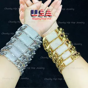 5A Simulated Diamonds Cuban Link Bracelet – 12-22mm Heavy Solid Stainless Steel, 14K Gold Plated, Brass Clasp,Fit For Mens Womens Hip Hop Jewelry Party