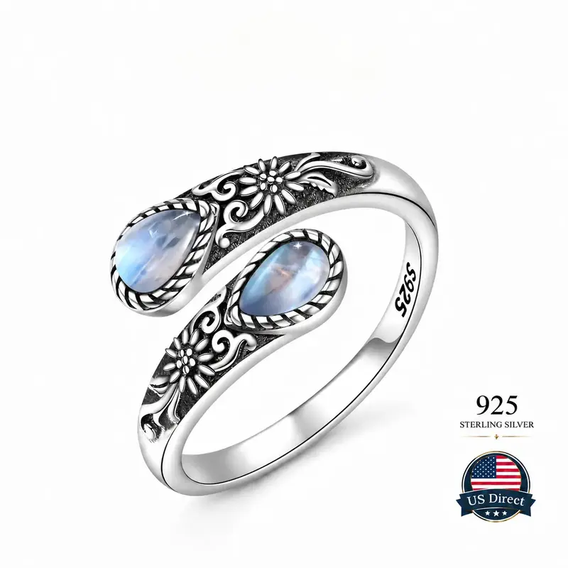 S925 Sterling Silver Adjustable Ring for Women, Synthetic Moonstone Open Band Thumb Ring, Vintage Floral Boho Statement Jewelry, Retro Finger Accessory for Daily Wear, Parties, Birthdays, Valentine’s Day and Holiday Gifts