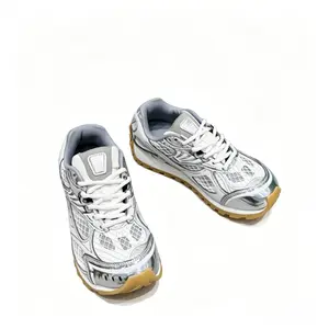 2026 new Chrome Silver Trim Breathable Mesh Retro Running Sneakers | Rugged Gum Rubber Outsole, Lightweight Cushioned Midsole for Everyday Casual Street Wear