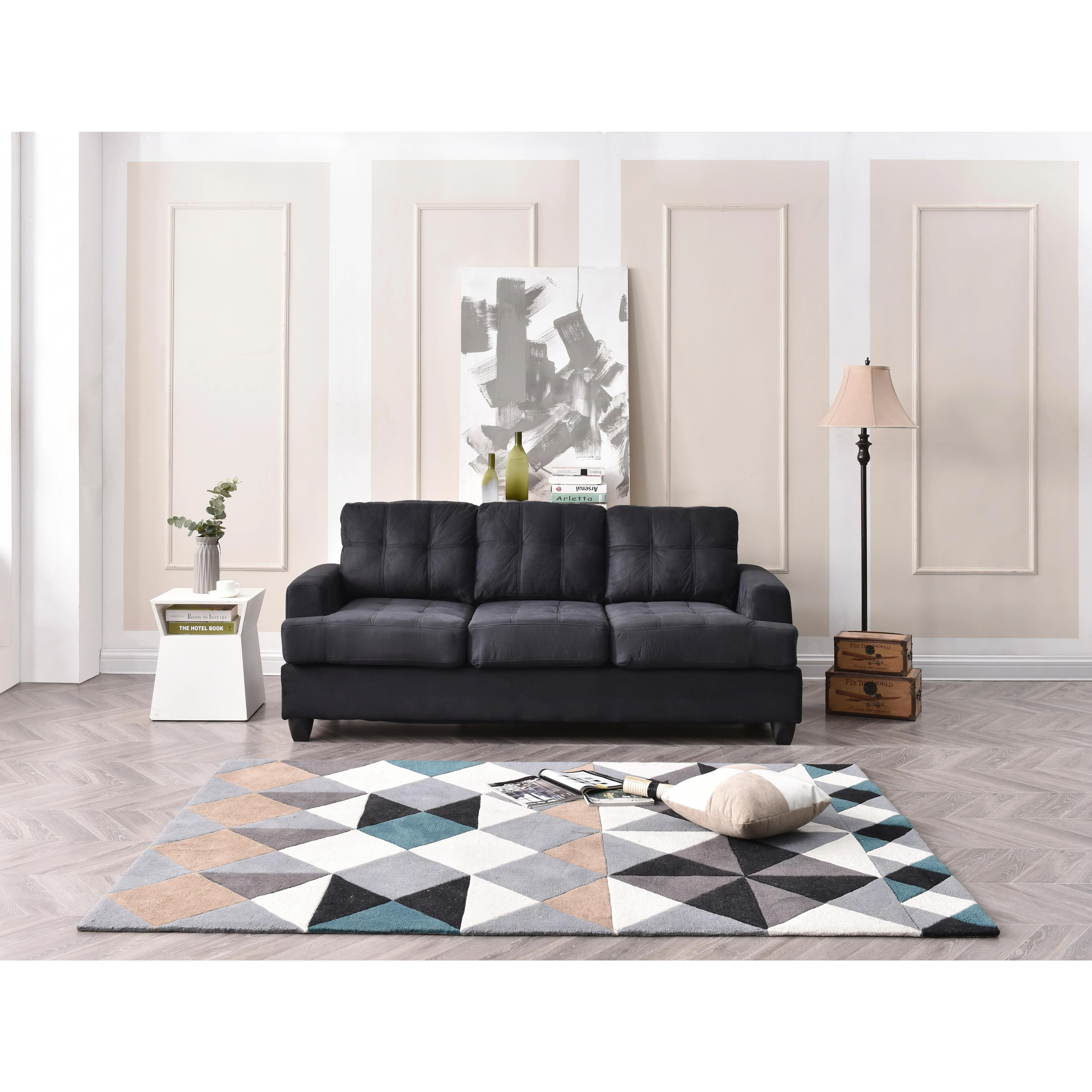 Nokaa Glory Furniture Sandridge G515A-S Sofa, Black Microfiber 3-Seat Couch, Transitional Living Room Sofa with Removable Backs and Arms, Pocketed Coil Spring Seat Cushions, Kiln Dried Hardwood Frame, Easy Assembly