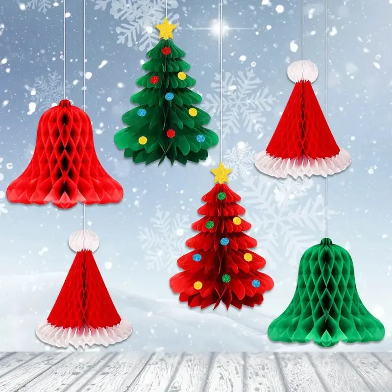 6-Piece Shiny 3D Honeycomb Lantern Decor, & Paper Christmas Tree, Easy Hang Party Decoration for Holidays, Weddings, Birthdays