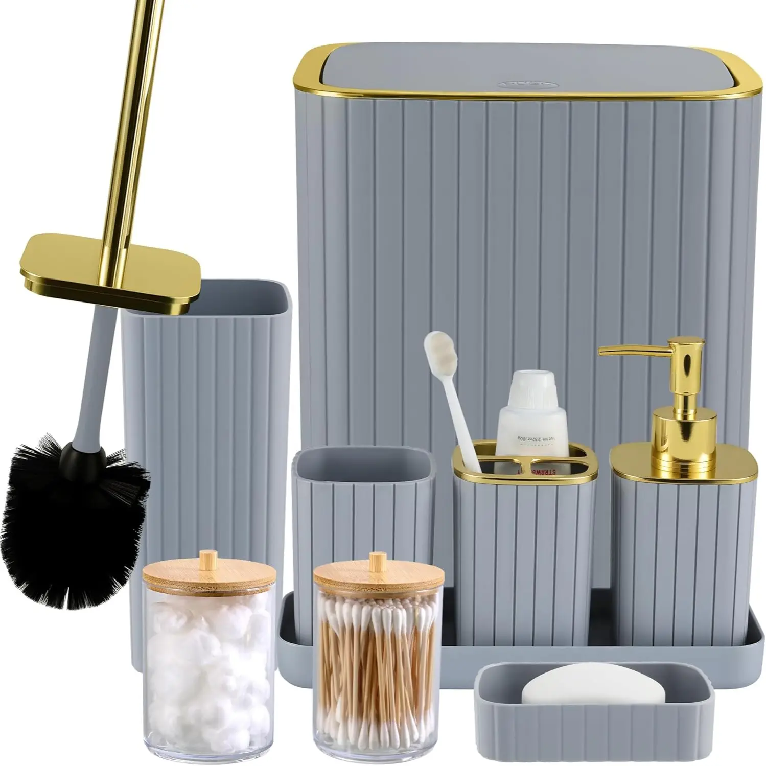 Bathroom Accessories Set - 9 Piece Kit Including Toilet Brush, Trash Can, Soap Dispenser, Cotton Swab Holder, Modern Home Essential