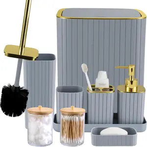 Bathroom Accessories Set - 9 Piece Kit Including Toilet Brush, Trash Can, Soap Dispenser, Cotton Swab Holder, Modern Home Essential