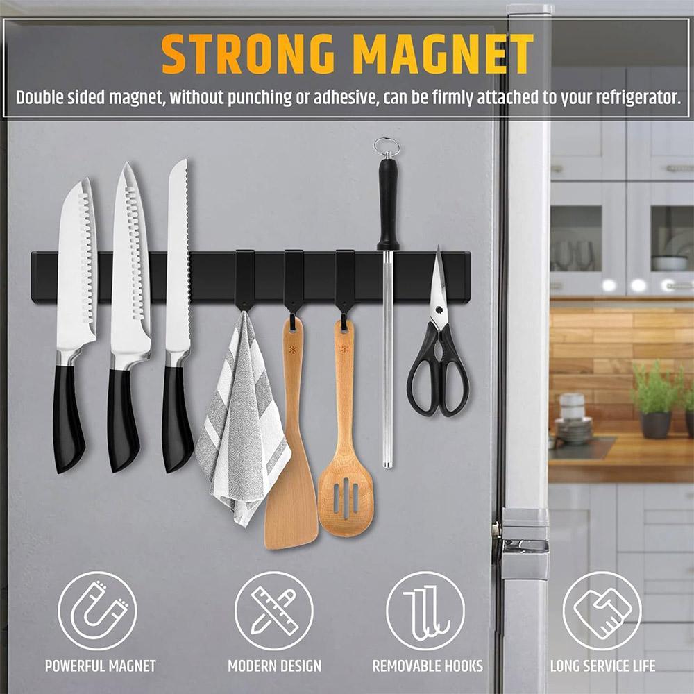 Wall Mounted Magnetic Knife Holder, 1 Count Knife Storage Rack with 3 Hooks without Knife, Knife Block for Kitchen, Kitchen Utensil Organizer