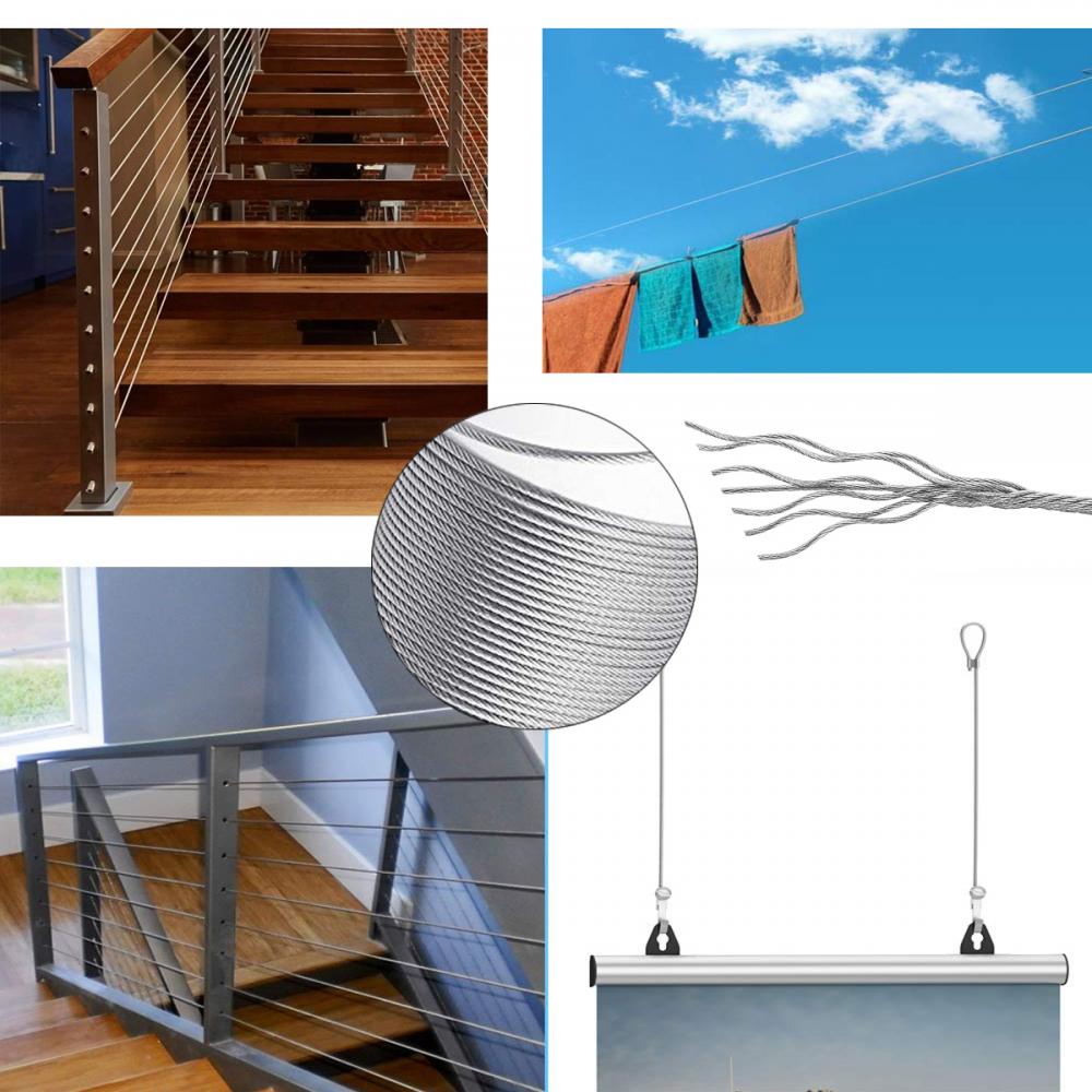 393.7inch Wire Rope 304 Stainless Steel Cable Aircraft Cable 1.2/1.5/2.0mm Wire Rope With Buckle Clip 7x7 Stainless Steel Strand Core And Double Barrel Ferrule Perfect For Outdoor Hanging, Clothes Line Wires, Garden Fence