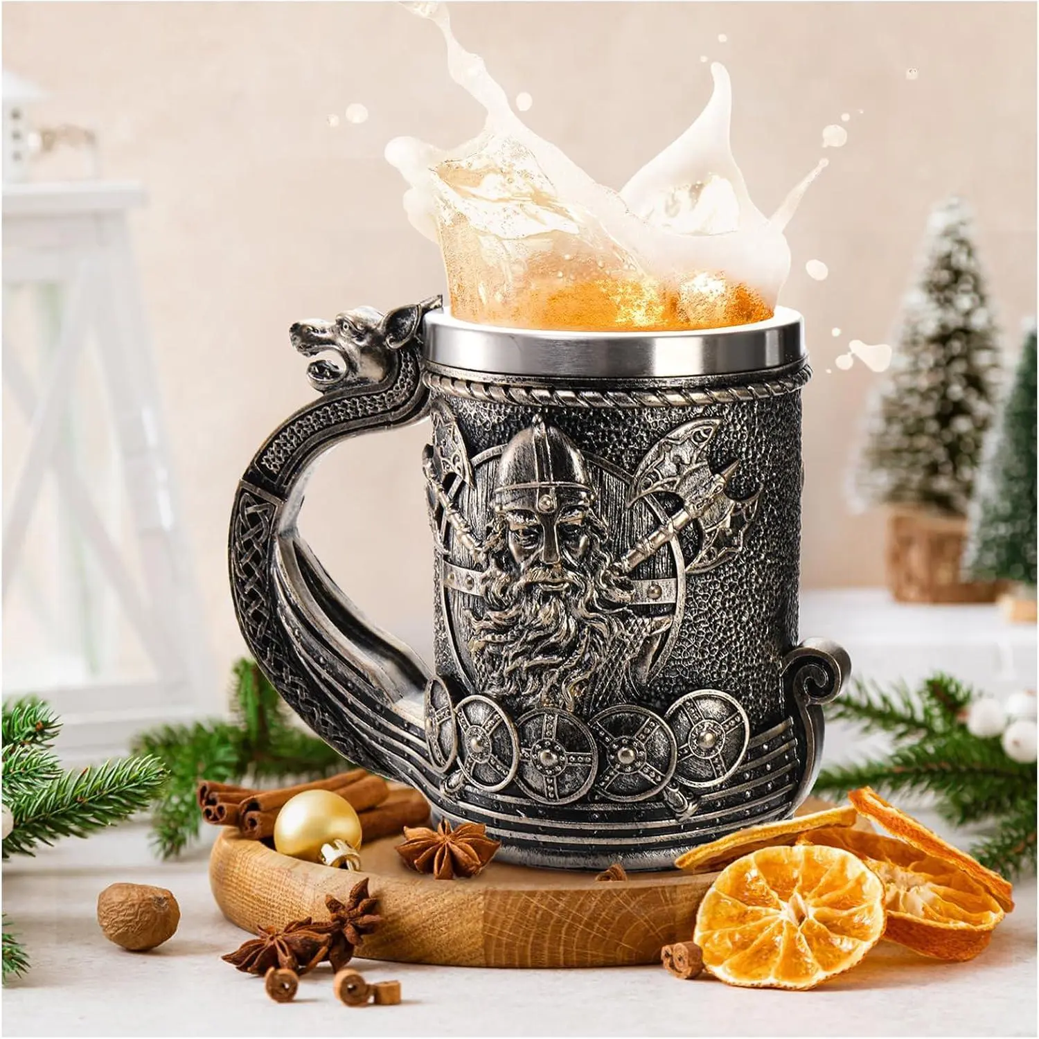 Noric Ship Dragon  Mug, 18/8Stainless Steel Drinking Tankard, 17 OZ  Coffee Cup, Norse Mythology Poetic Decor  Mug, Father's Day   for Men