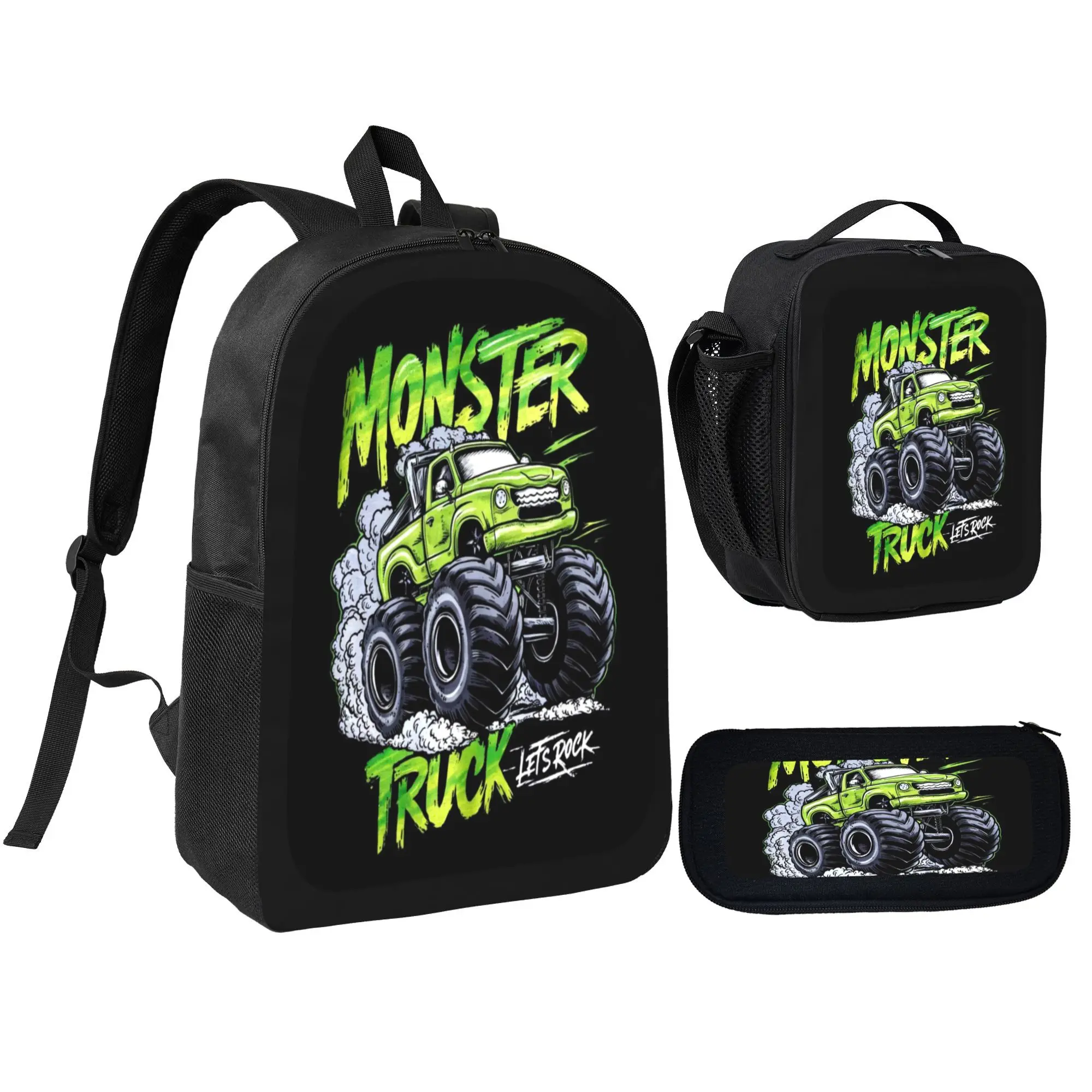 Monster Truck Backpack for Boys, Green Let's Rock Kids School Bag Birthday Gift