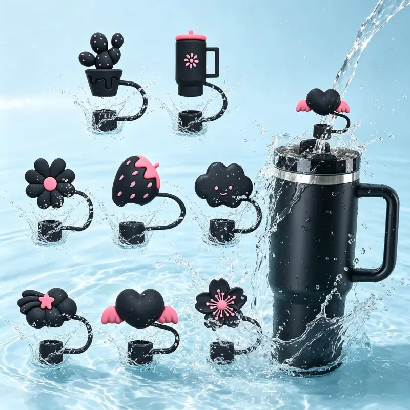 8pcs Goth Silicone Straw Cover Cap for Stanley Cup 30oz 40oz Tumbler Drinkware Accessories, Straw Toppers For Tumblers, Black Pink Kawaii Straw Topper 10mm Reusable Spill Proof Dust Protector Cap Cover, Heart Strawberry Cup Decor Gift Idea
