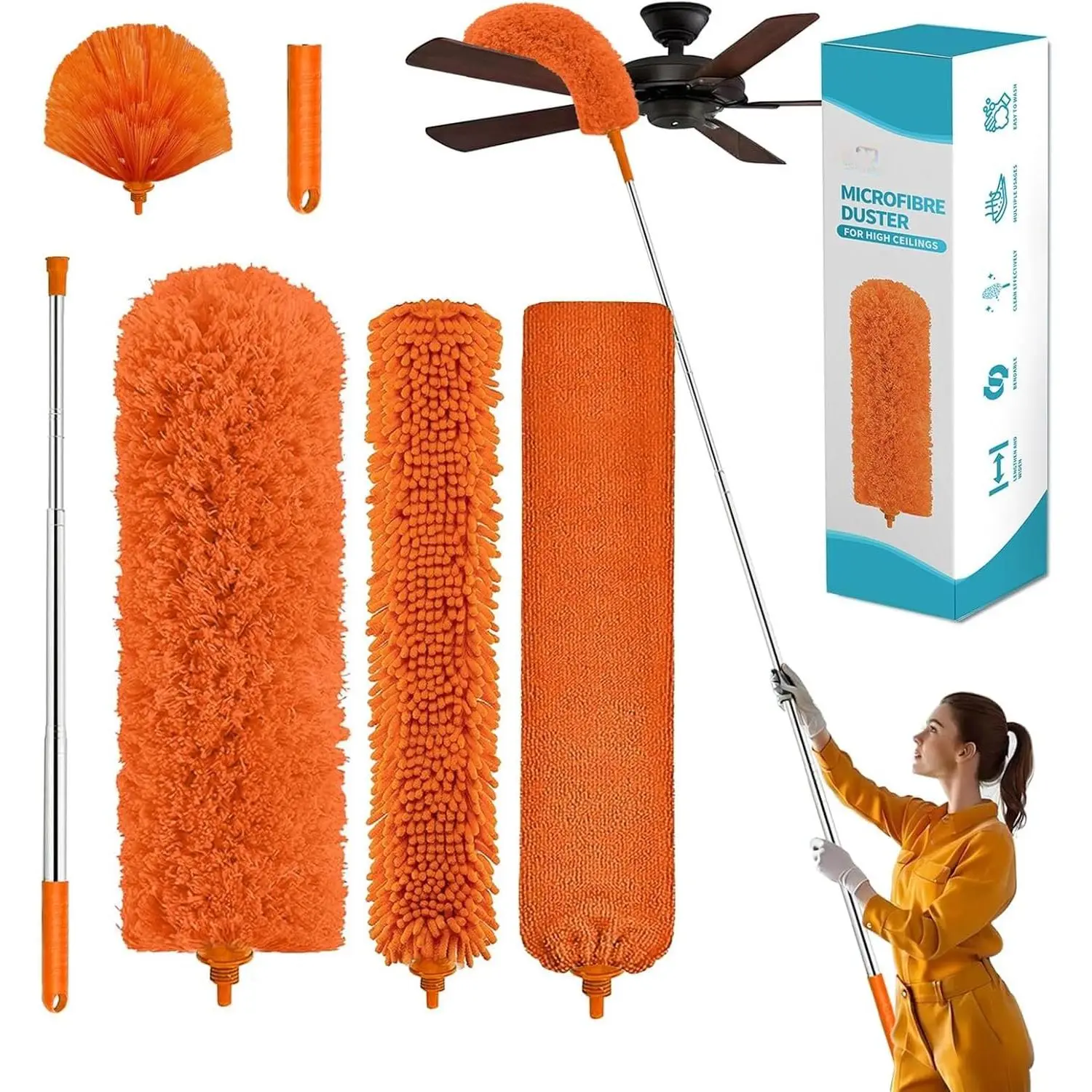 Cobweb Duster with Extension Pole,Cleaner Outdoor 110" Telescoping Extended Sspider Brush, Dusting Kit,Long Handle  for High Ceilings and Fans,Microfiber Webster Remover Tools  Dusters
