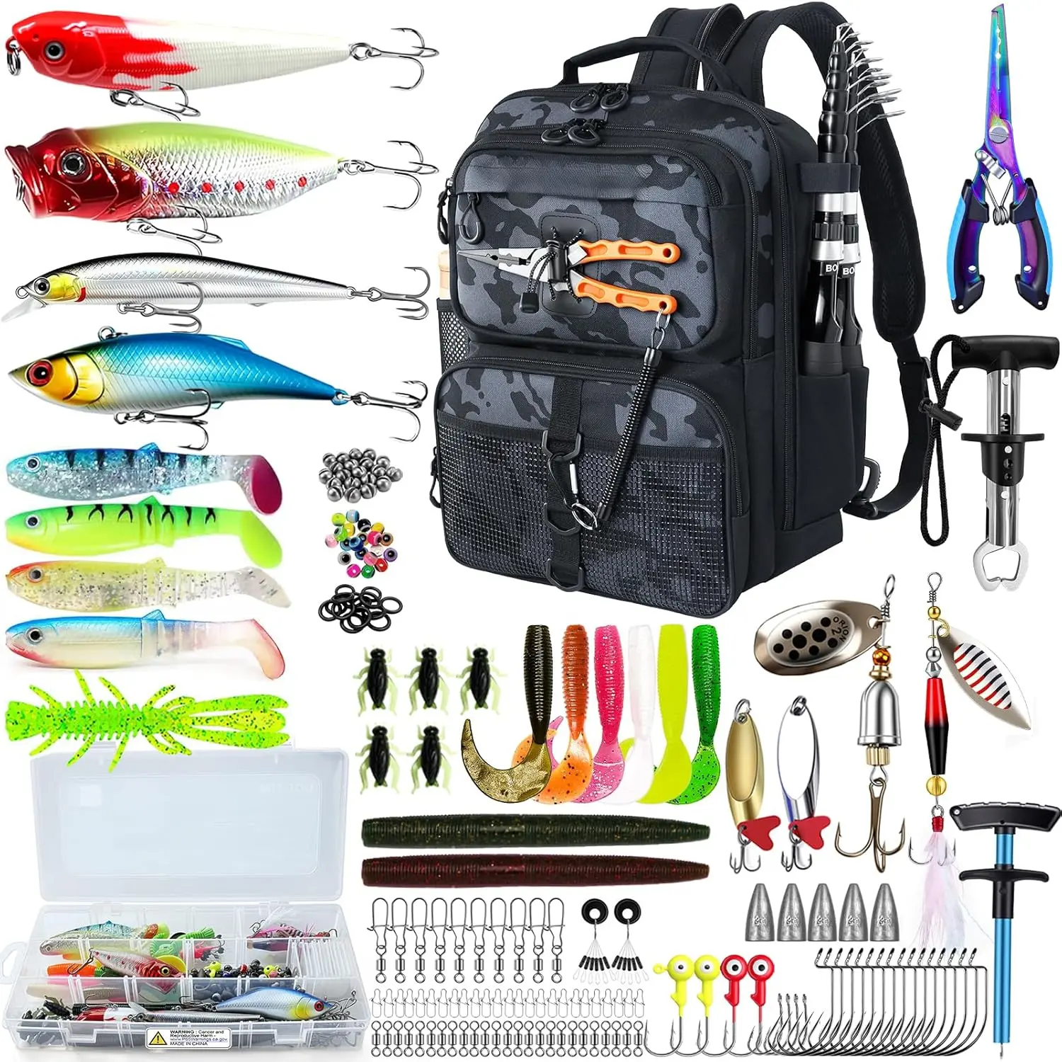 Fishing Backpack with Tackle Boxes & Lures Kit Lightweight 25L Tackle Bag with Fishing Gear and Rod Holder, Fish Gifts for Men Woman-Camo Backpack