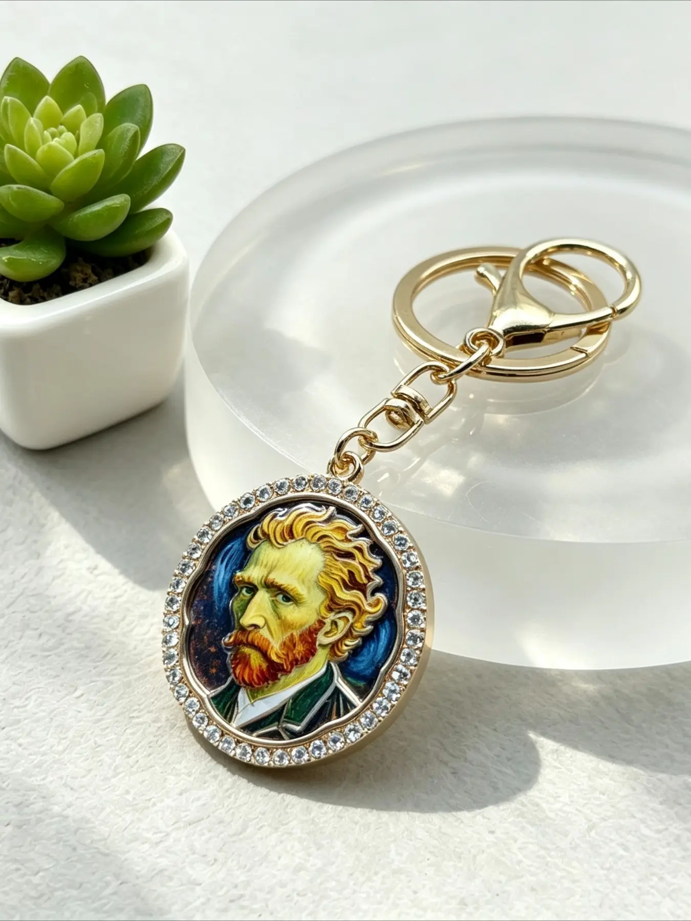 Van Gogh Self-Portrait Art Keychain, Rhinestone Enamel Bag Charm, Vintage Artist Portrait Alloy Key Ring Pendant, Classic Impressionist Artist Gift for Art Lovers