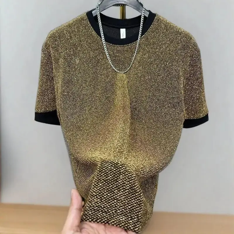 Shiny Silk Men O Neck Short Sleeve T Shirt Summer Fashion Hip Hop Punk All-match  Oversize Streetwear Golden Silver Party Bar