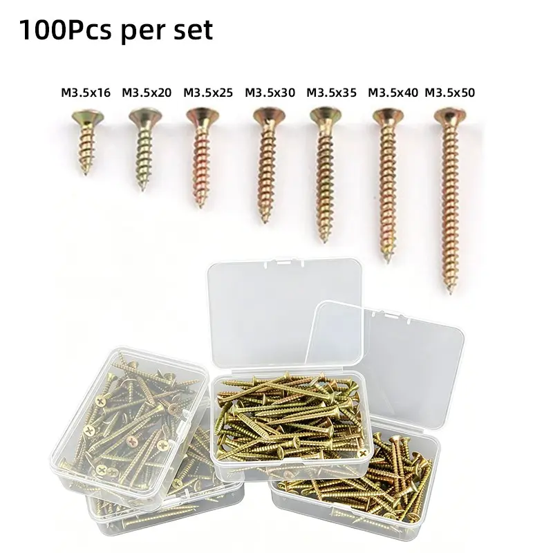 100pcs Durable Self-Tapping Screws, M3.5 Flat Head, Ideal for Wood and Fiberboard, Perfect for Drilling, Industrial Applications