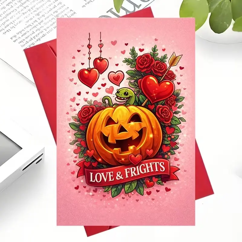 Halloween-Themed Love Card with Romantic Pumpkin and Rose Design, Perfect Gift for Couples, Unique Valentine's Day or Halloween Present