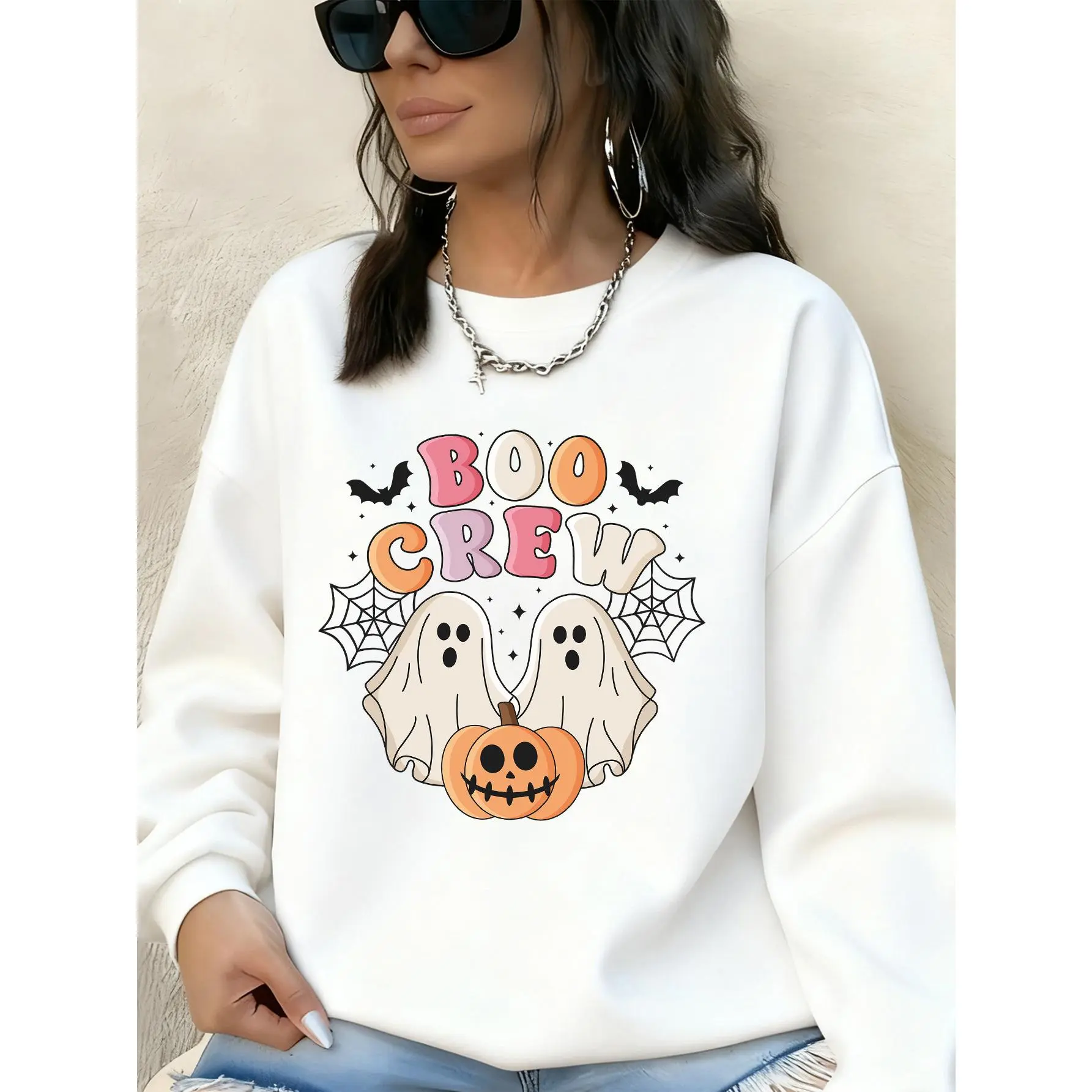 Halloween Theme Cartoon Print| Cute and Colorful Ghost, Pumpkin, and Bat Designed Sweatshirt for Women, Casual Crew Neck, Comfortable Fit
