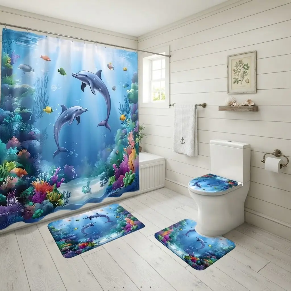 4pcs Underwater Dolphin Coral Tropical Fish Bathroom Aesthetic Shower Curtain Set, Vibrant Ocean Seabed Seaweed Art Bath Mat & Toilet Seat Cover Combo, The floor mat fabric is thicker and softer! Summer Beach Luau Holiday Decor for Shower Room