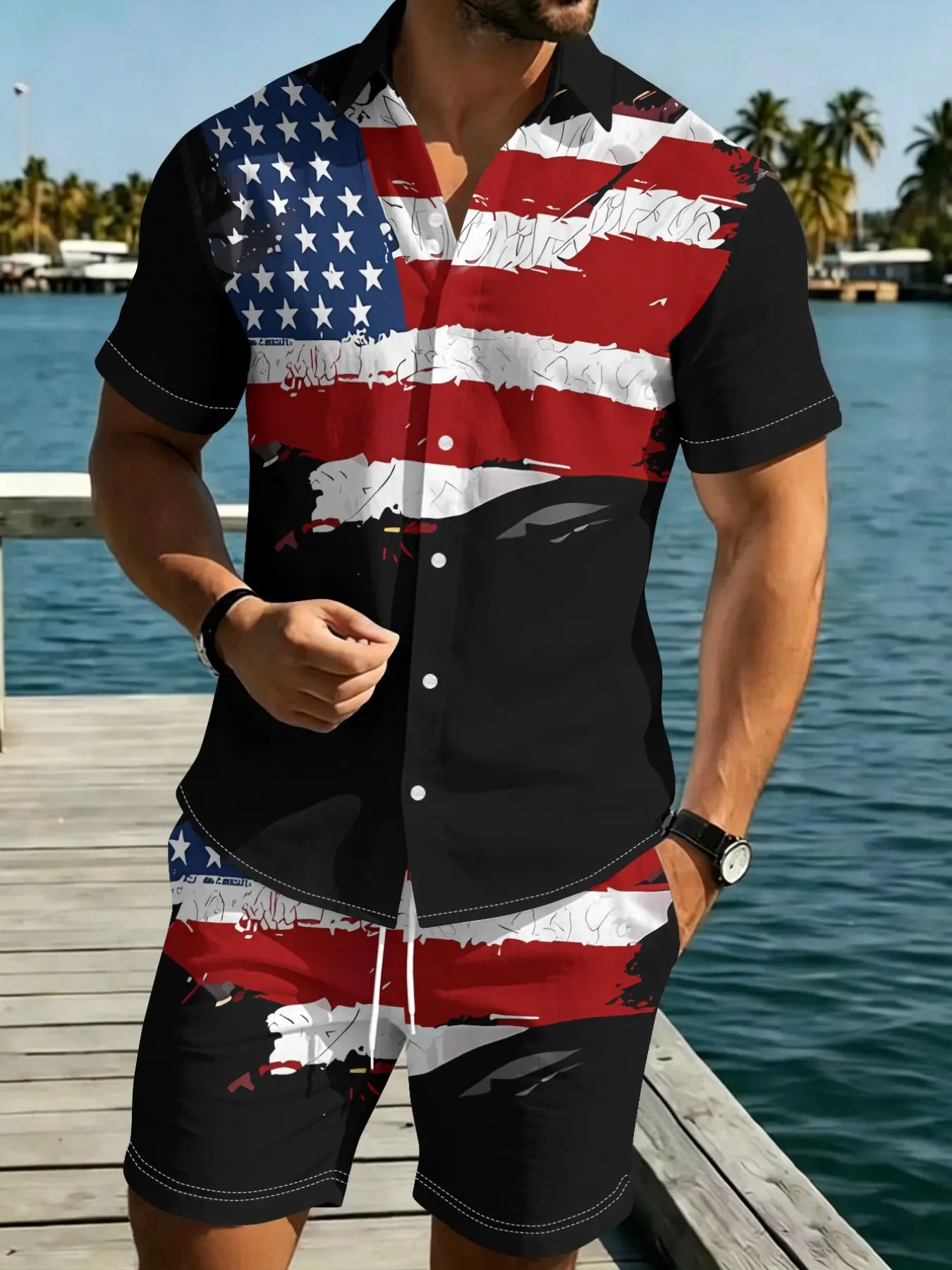 Men's American Flag Print Short Sleeve Shirt Set, Summer Tropical Outdoor Casual Beachwear Two-Piece, Loose-Fitting H-Type Graphic T-Shirt