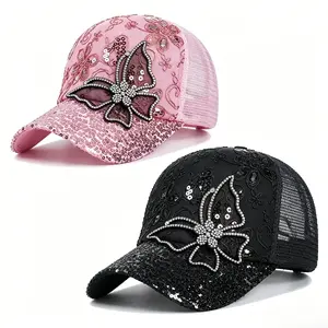 2-Pcs Butterfly Lace Glitter Baseball Cap, Breathable Mesh Sun Hat for Women’s Casual & Outdoor Wear