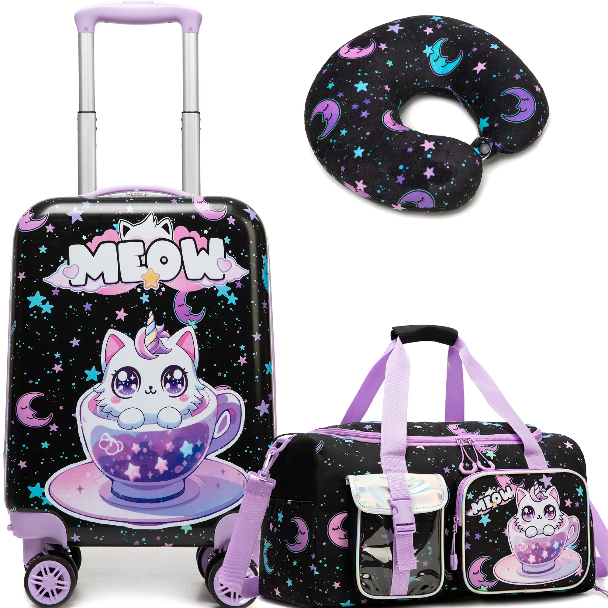 3 Piece Kids Hardside Spinner Luggage Set | Cute Unicorn Kitty Carry On Suitcase with Duffel Bag & Neck Pillow for Girls | Travel Gear 2026