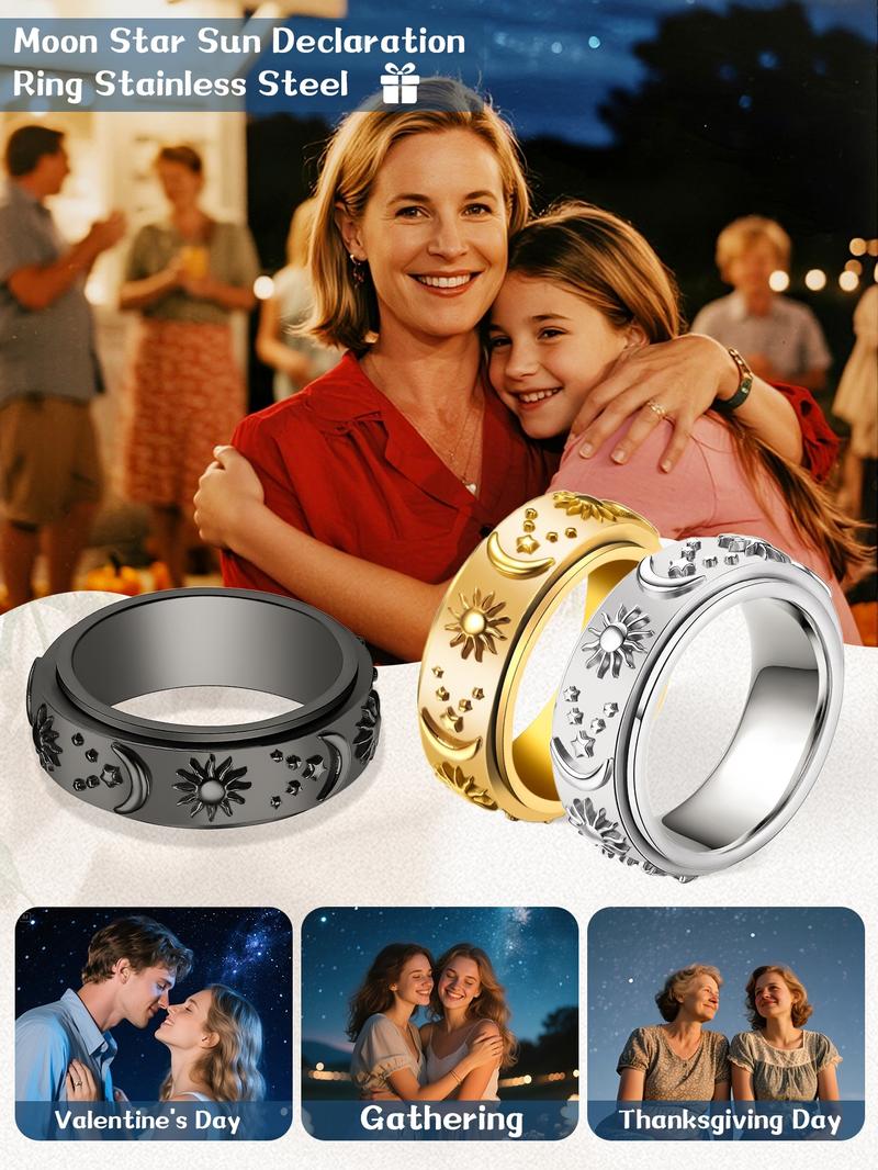 Sun & Moon & Star Design Ring, Stainless Steel Rotating Anxiety Rings, Fashion Jewelry Accessories for Men & Women