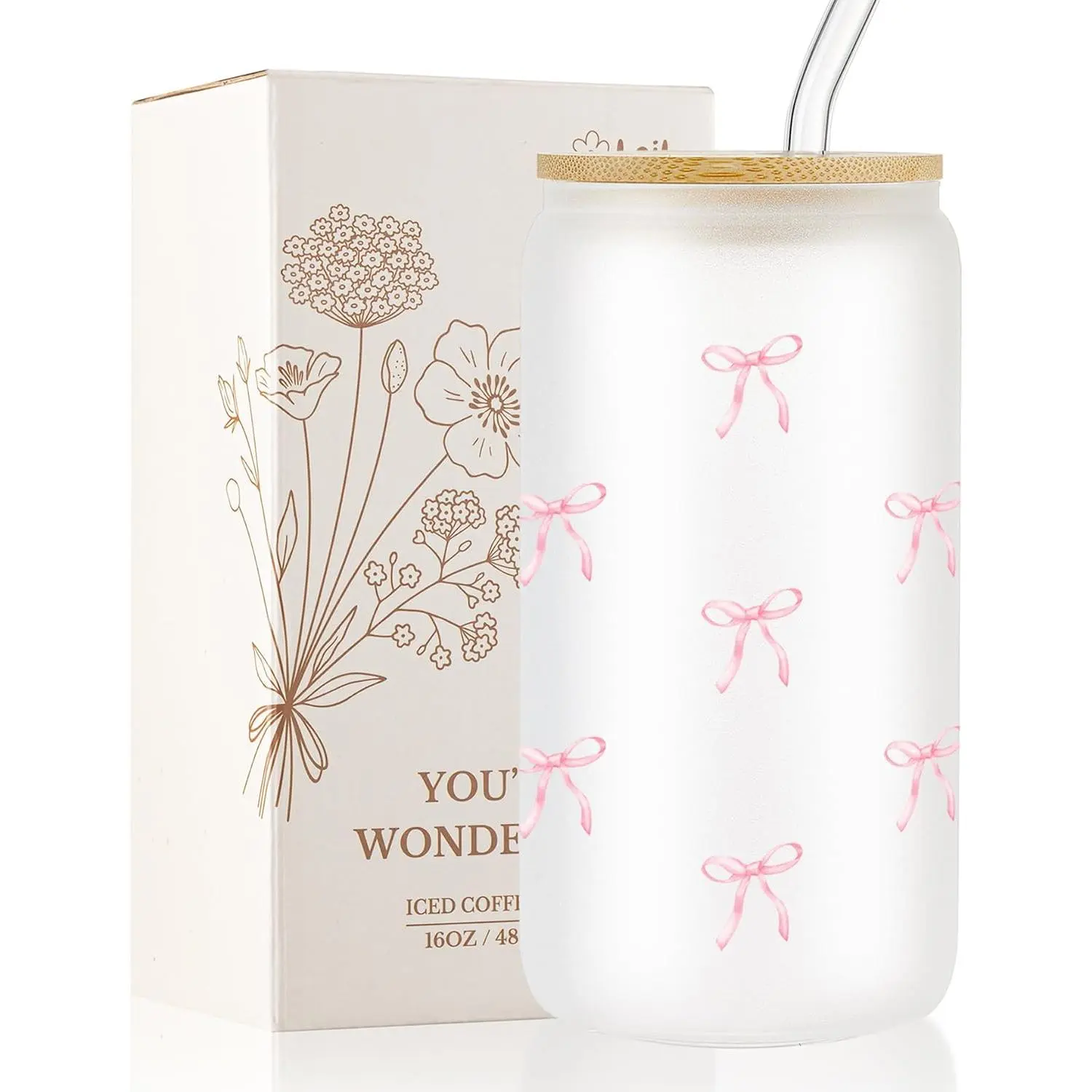 Cute   Aesthetic Bow Glass Cups with  and Straws, Preppy Girly Trendy Stuff Gifts for Women Teen Girls, 16oz Iced Coffee Cup, Glass Tumbler, Matcha Cup ( Bow)