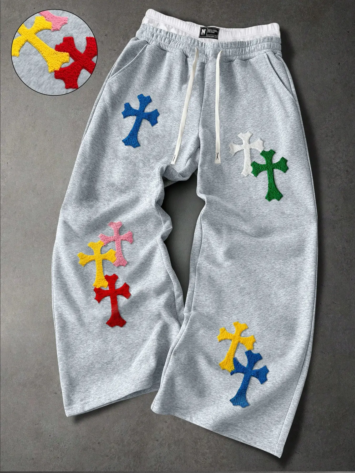Men Colorful Cross Patch Sweatpants, Vintage Streetwear, Loose Straight Casual Trousers, Comfortable and Stylish, Perfect for Daily Wear
