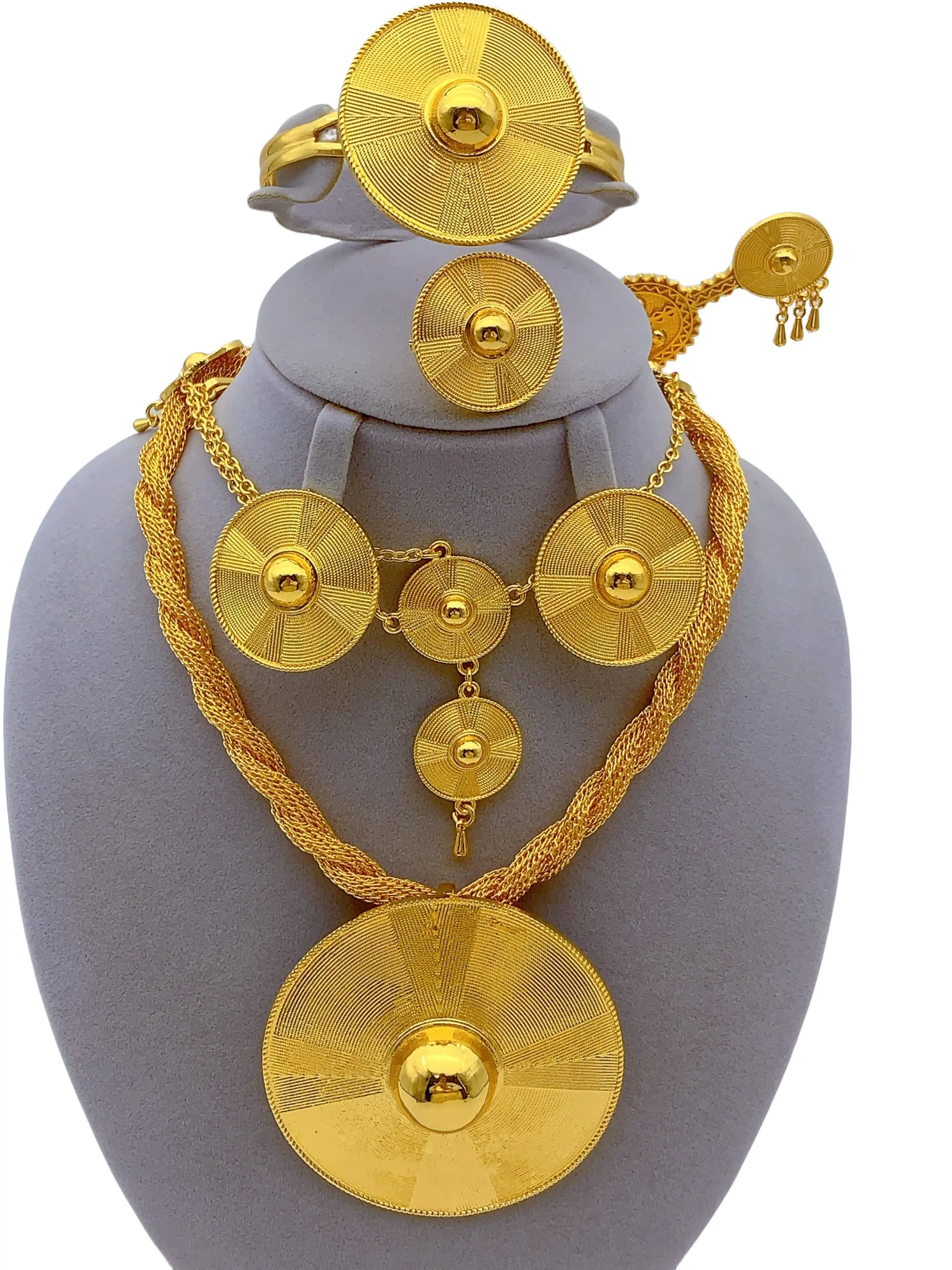 6-Piece Arabic Jewelry Set, Elegant Round Pendant Necklace Bracelet Ring Earrings Hairpin Combo, Women's Daily Party Gift Wedding Jewelry