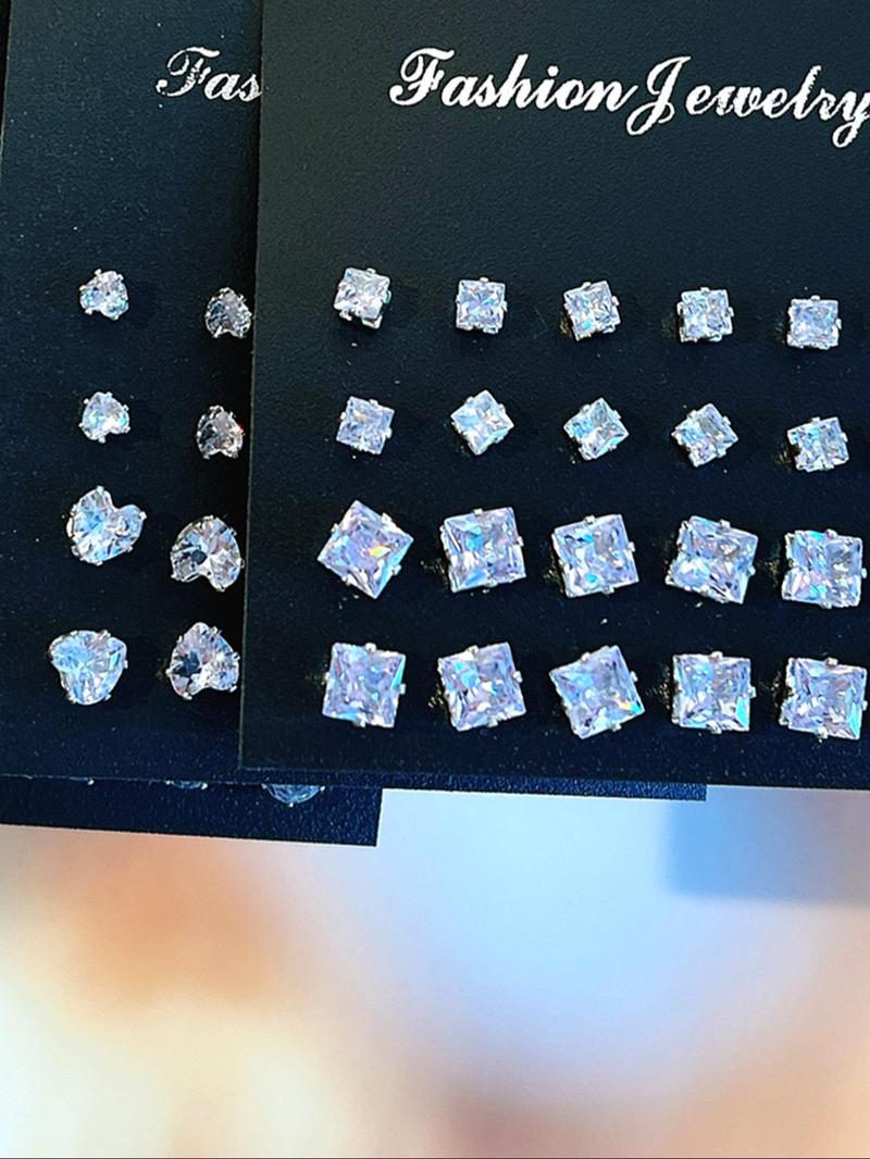 Simple Fashion Artificial Zircon Inlaid Stud Earrings, Heart & Geometric Design Earrings, Fashion Jewelry Accessories for Women & Men, Studs Earrings