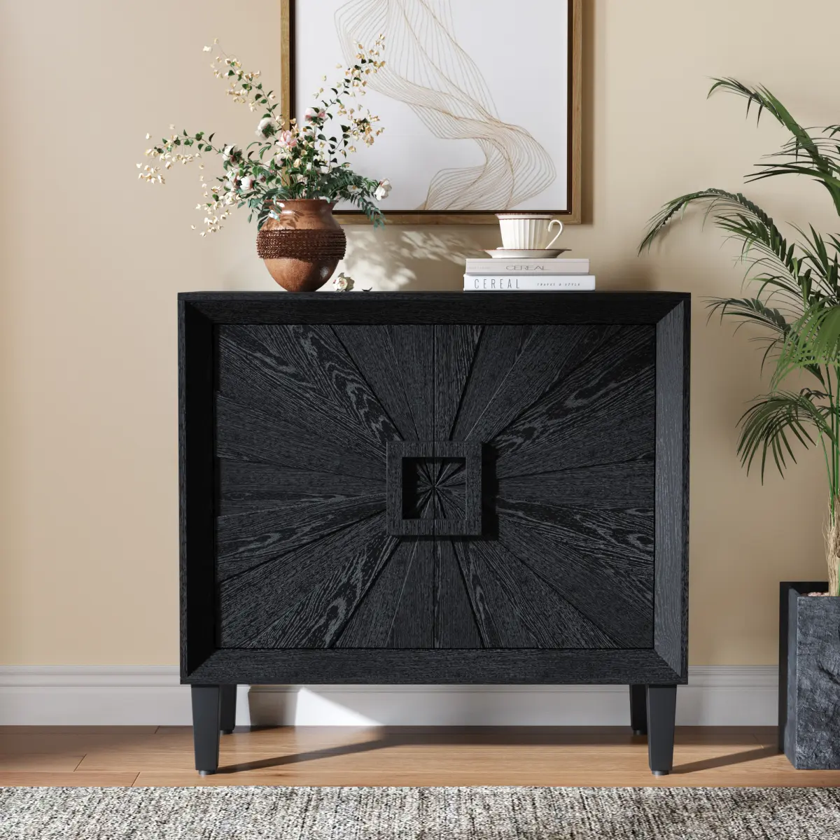 31.5 Inch Mid-Century Modern Sunburst Door Wood Credenza Sideboard Buffet, Adjustable Inner Shelf Magnetic Doors Solid Tapered Legs 100 LBS Tabletop Load Compact Storage Cabinet For Living Room Dining Entryway TV Console, Assembly Required