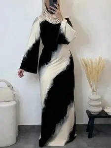 Minimalist, Modest Style and Colorblock Robe, Ink Wash Print Waist Cinch Tunic Dress, Elegant Long Robe for Parties and Shopping, Traditional Robe