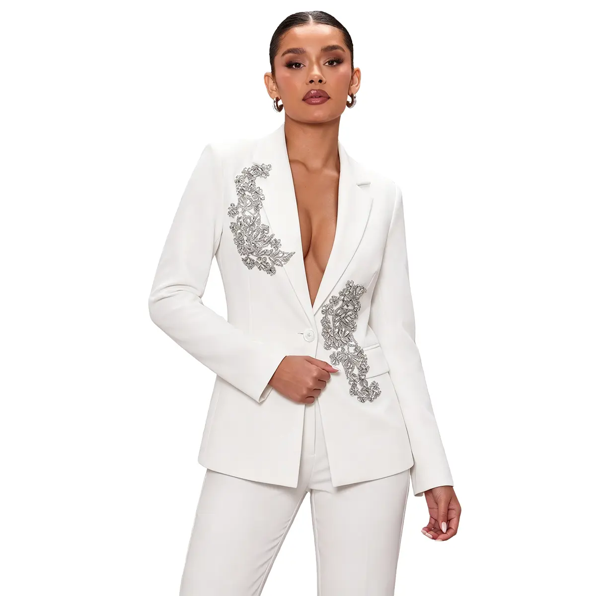 Women 3D Floral Applique Embroidered Blazer Jacket White Lapel Long Sleeve One Button Suit Coat Sparkly Sequin Patch Outerwear Elegant Dressy Evening Party Wedding Guest Formal Office Fashion Blazers For Ladies