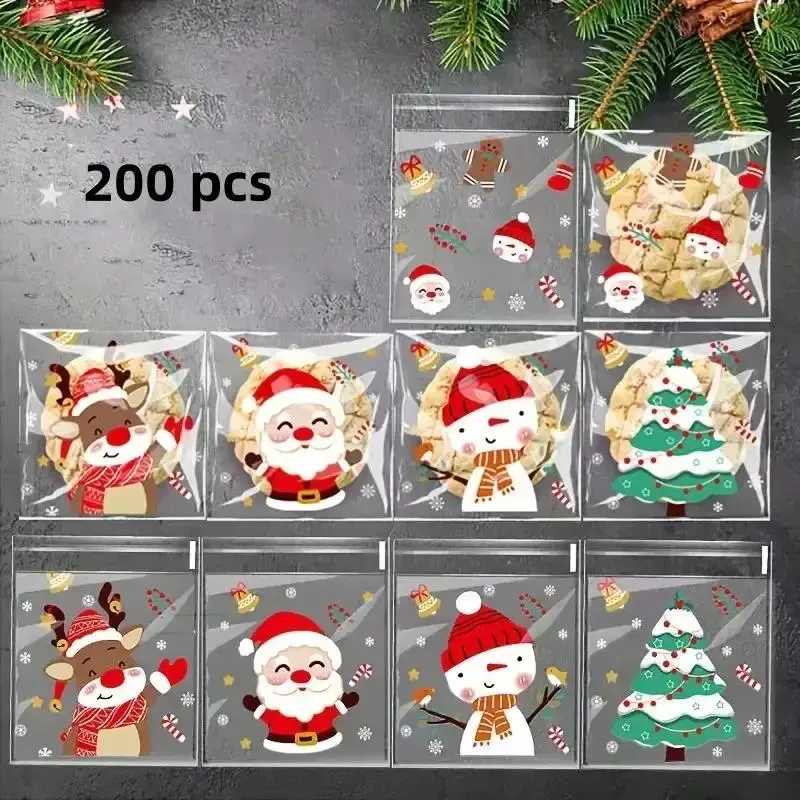 200 Pcs Christmas Cartoon Gift Bags, Santa Reindeer Snowman Designs, Holiday Candy Cookie Packaging, Festive Baking Wrapping, Random Colors