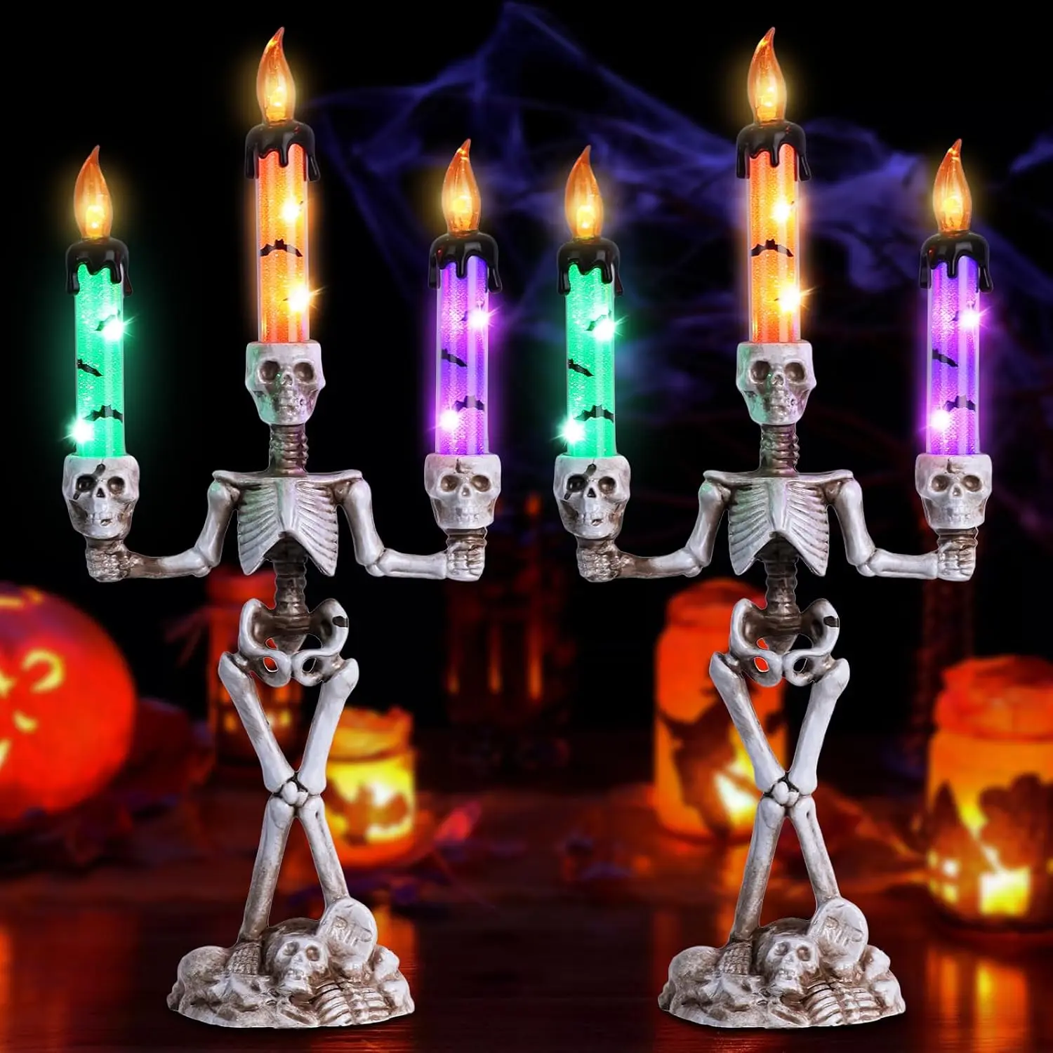 2 count Skull Halloween Candelabra Decorations Indoor, Halloween Candles Holder with LED Lights for Scary Haunted House Mansion Decor,  Operated Timer Candlesticks for Table  Party
