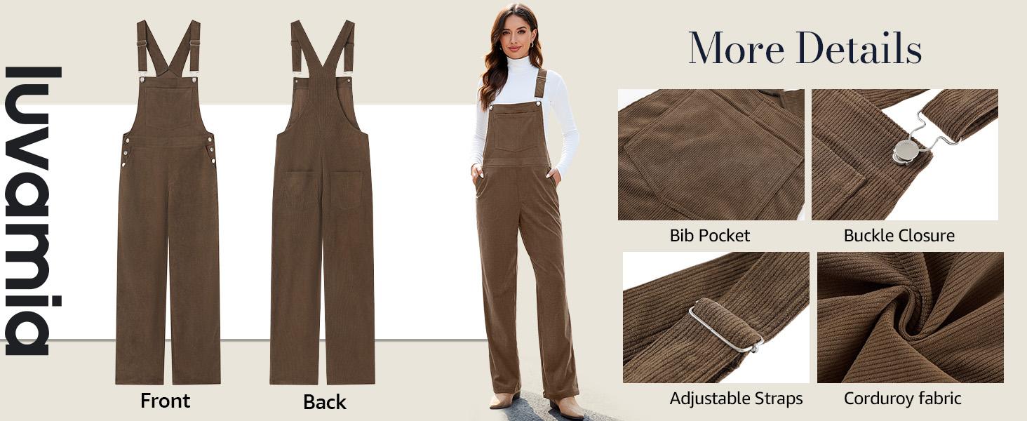 Luvamia Corduroy Overalls for Women Loose Fit Baggy Straight Casual Adjustable Straps Bib Jumpsuit with Pockets Basic Womenswear Soft Stretchy Fabric