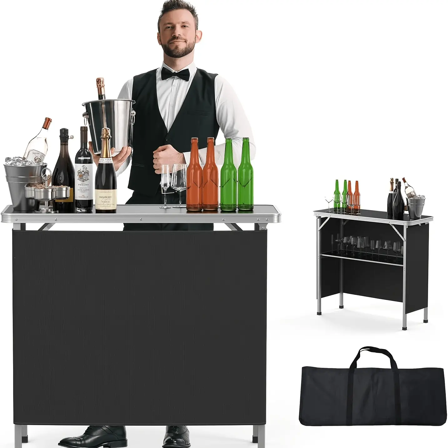 Portable Folding Bar Table with Shelf, Tradeshow Podium Table with Black Skirt And Carrying Bag, for Indoor Outdoor Party Picnic Exhibition, Black
