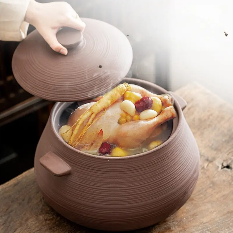 Natural ore purple clay, old-style earthenware casserole for home use, large capacity for stewing whole chicken, heat-resistant and crack-free when dry burned, stew pot, Large Capacity Stockpot